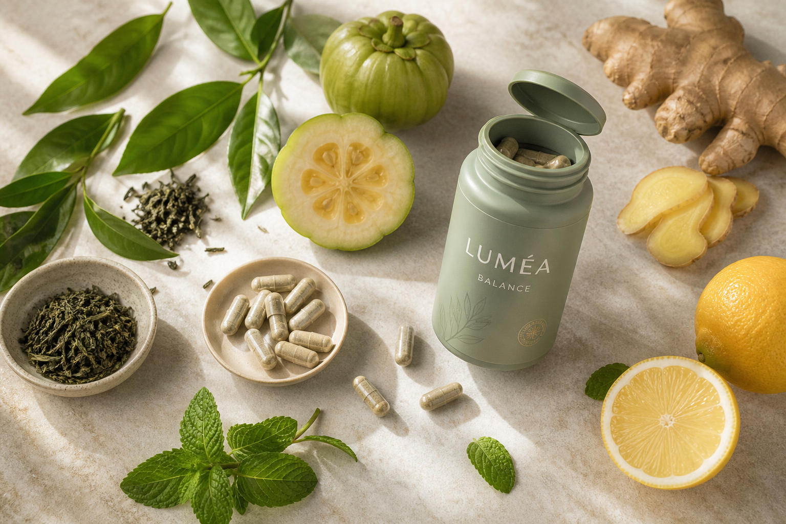 Cápsulas Luméa Balance junto a té verde, jengibre, limón y menta