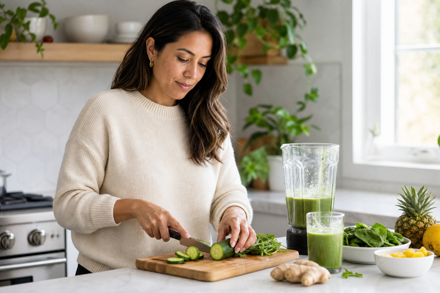 Preparación de alimentos frescos en una cocina iluminada