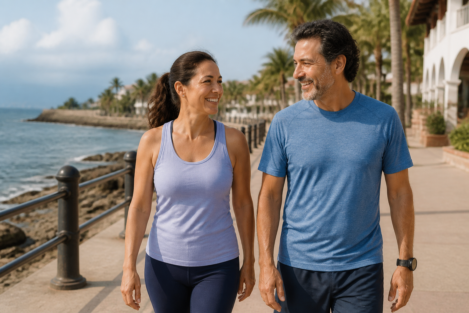 Pareja caminando al aire libre en un paseo soleado